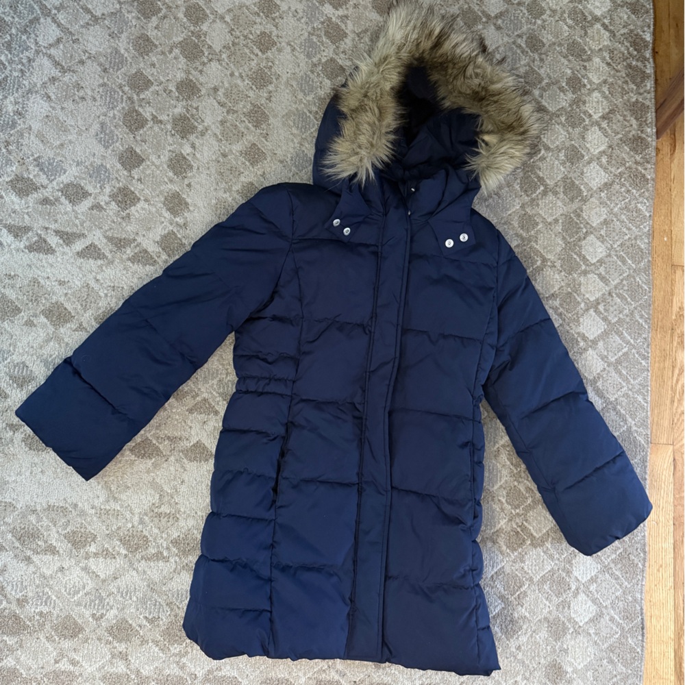 Gap Blue Women's Puffer Coat with Faux Fur Trim